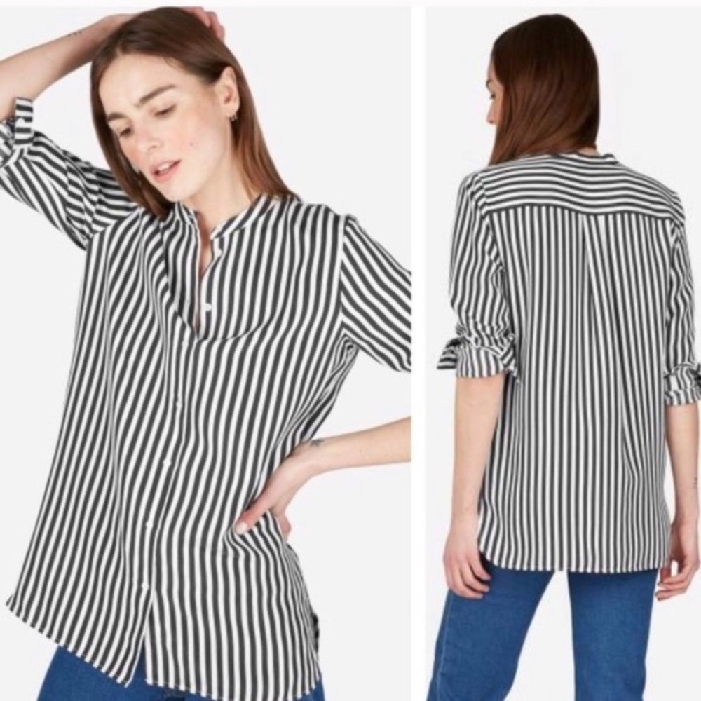 EVERLANE - Relaxed Striped Silk collarless Shirt 4